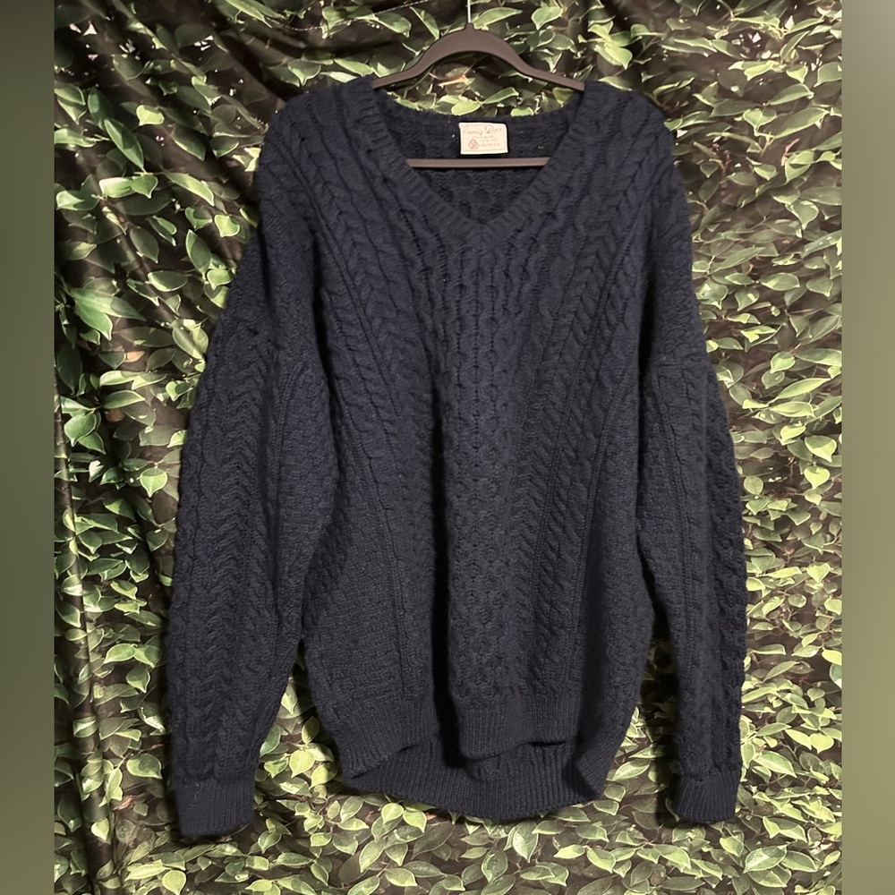 Carraig Donn Wool Sweater Cable Knit Ireland Heavyweight Navy Blue Unisex XXL